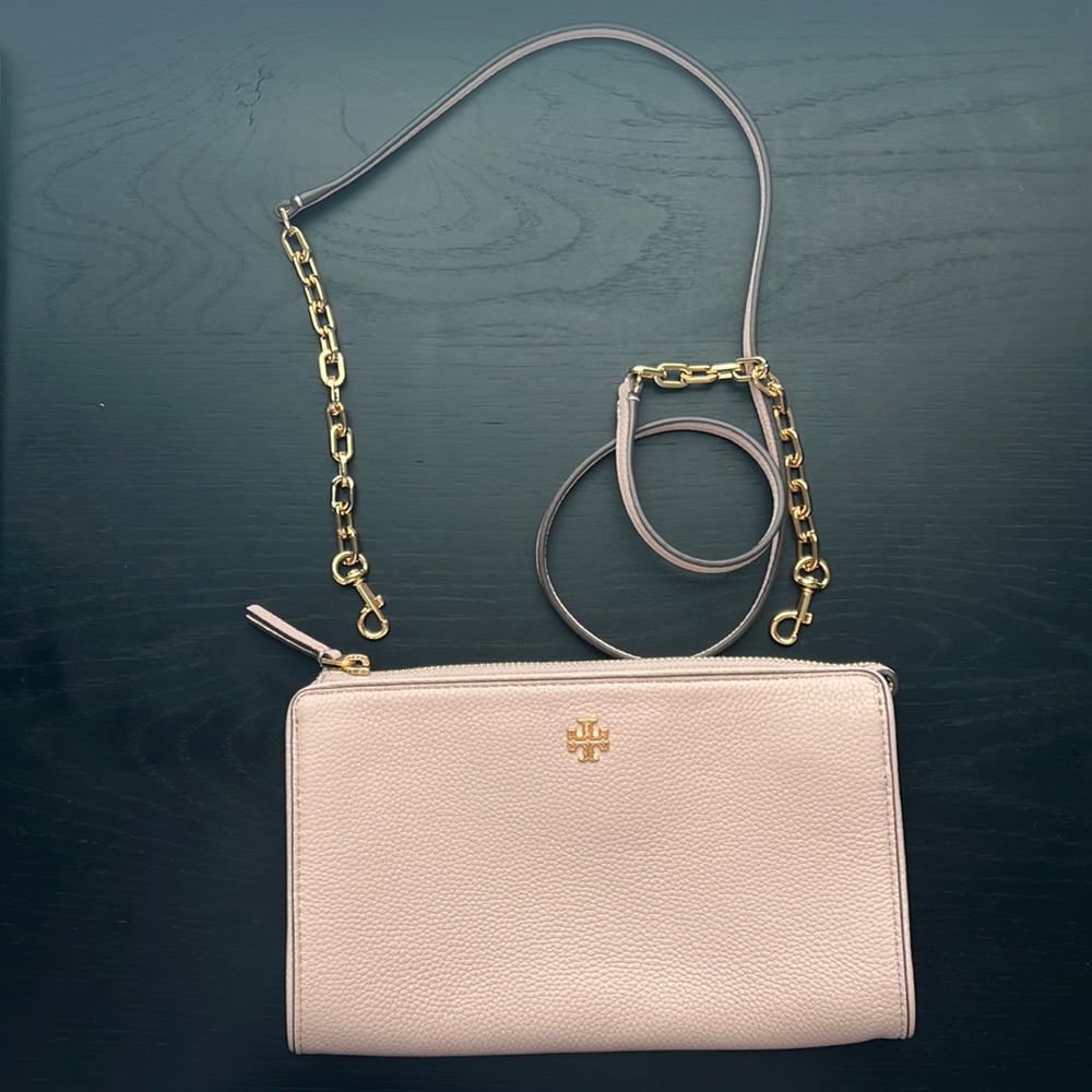 Tory Burch Carter Pink Pebbled Leather Slim Crossbody Bag